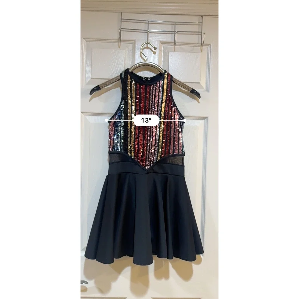 Kids Multi Color Sequin Dance Costume Dress‎ Black Skater Skirt Mesh Panel